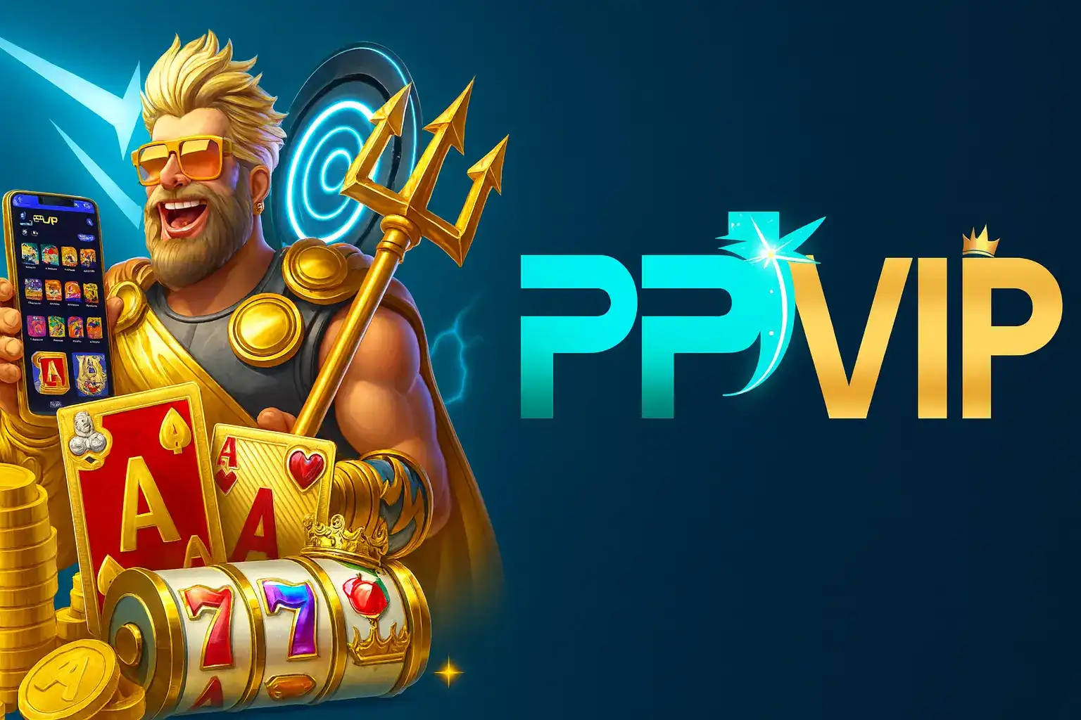 A cool, muscular god-like character with a trident and sunglasses shows off the ppvip mobile app, surrounded by playing cards, gold coins, and a slot machine.