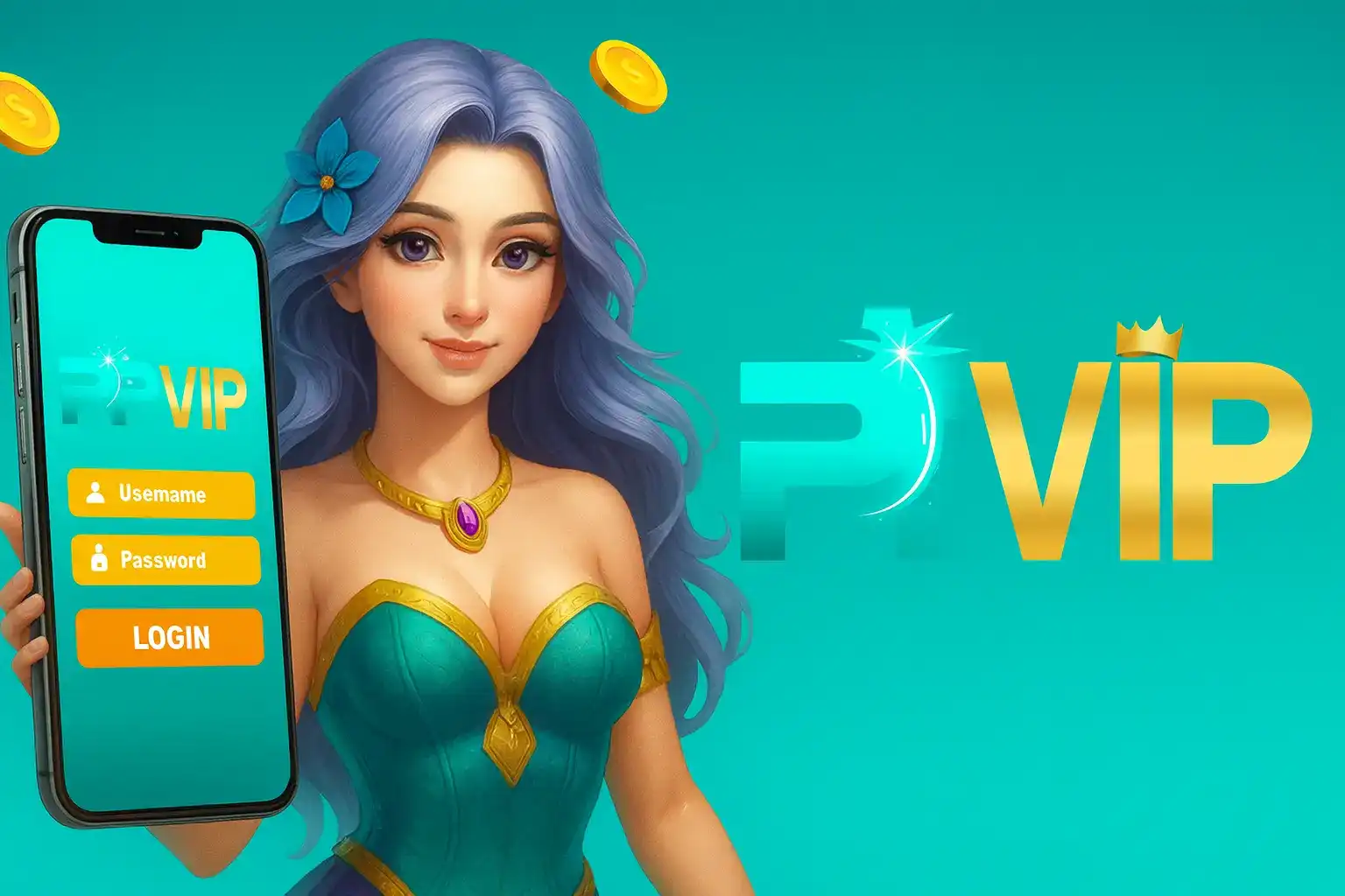 An elegant character with blue hair holds a smartphone showing the ppvip login screen, with fields for username and password, against a bright teal background.