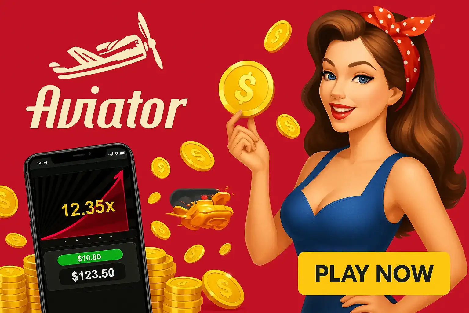 An advertisement for the popular Aviator game. A smiling pin-up style woman holds a gold coin next to a smartphone showing the game's multiplier climbing, inviting users to Play Now.