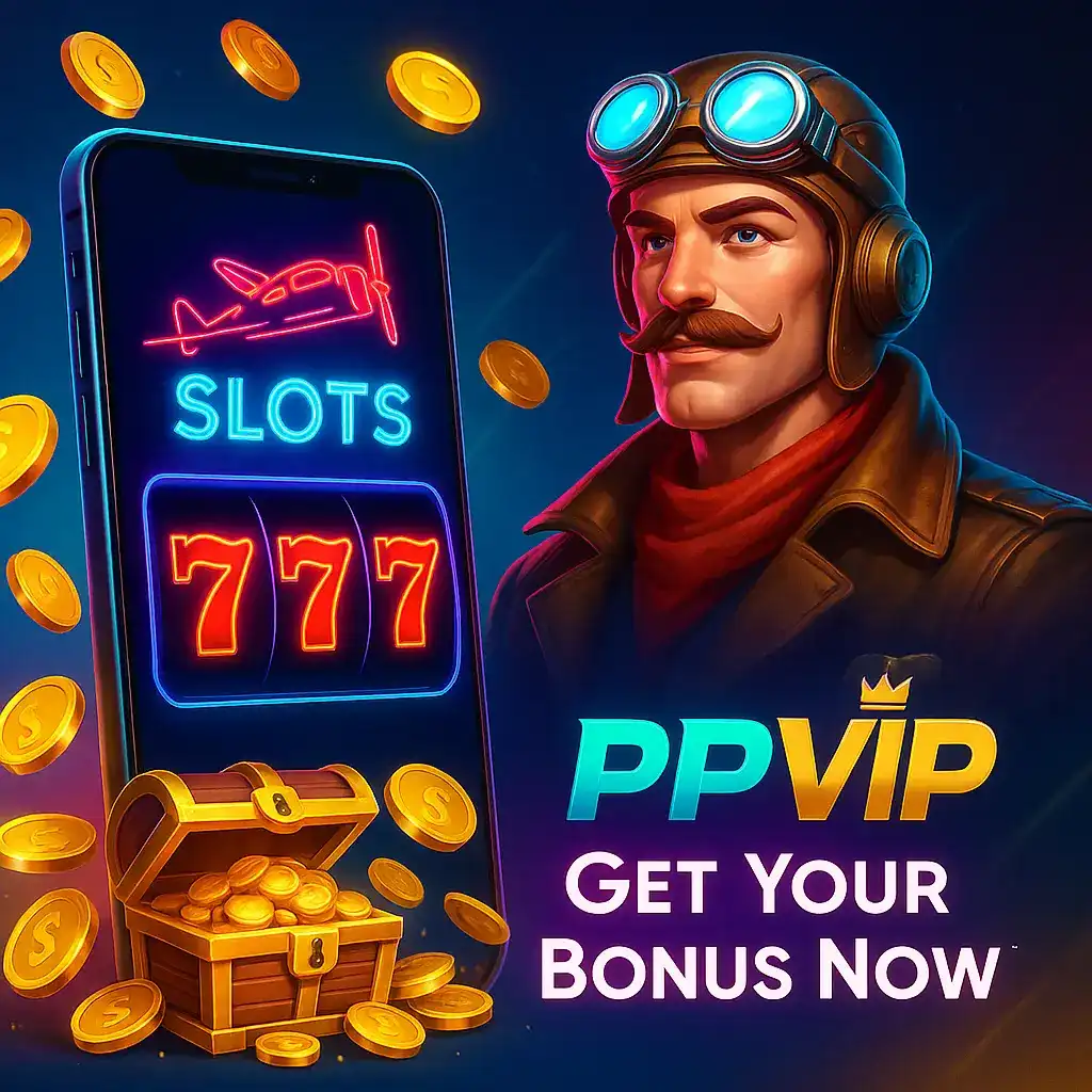 A promotional image for ppvip featuring a vintage pilot character. A smartphone displays Slots 777 next to a treasure chest, with the text Get Your Bonus Now.