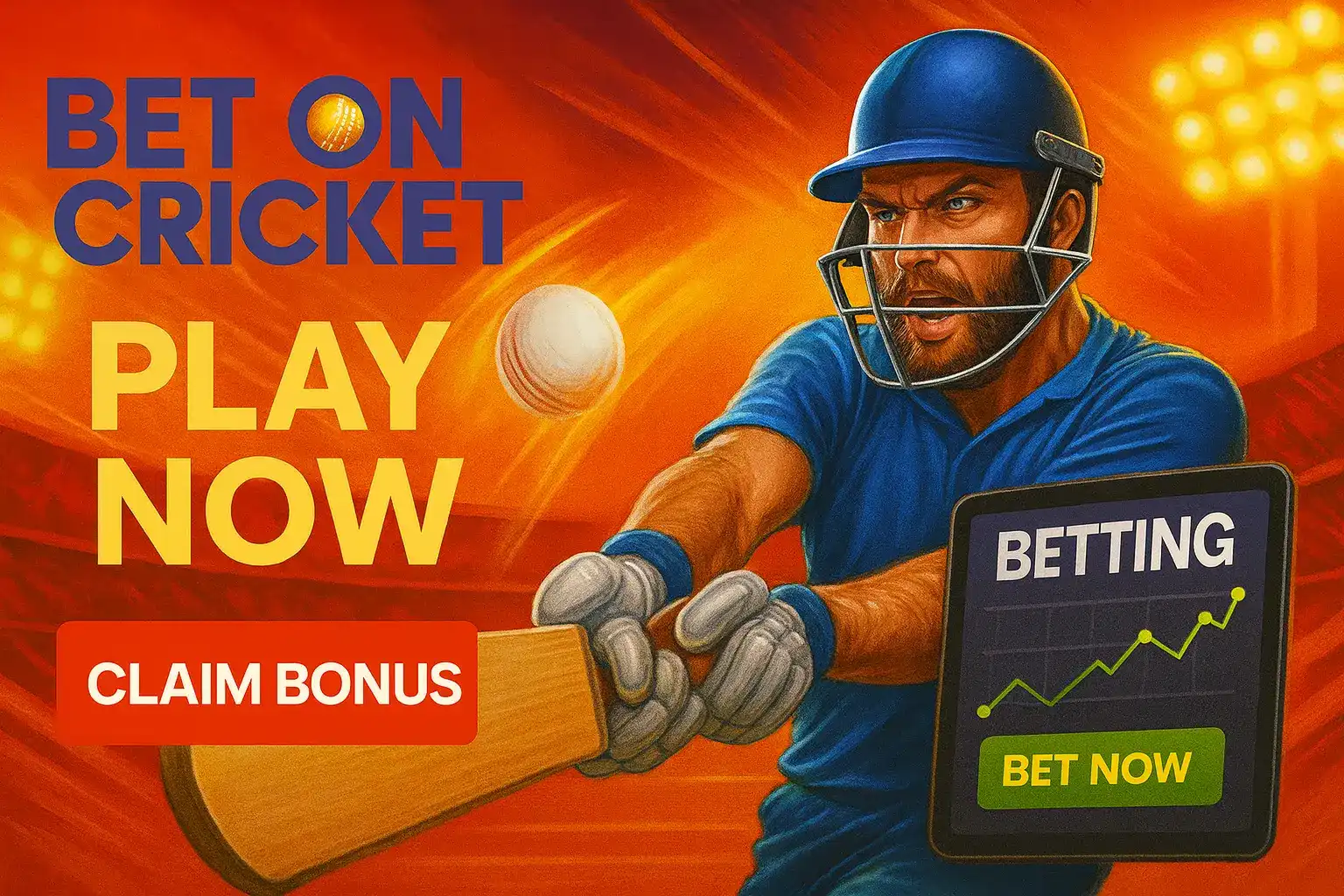 An action-packed advertisement for cricket betting, showing a batsman in full swing. The ad invites users to Play Now and Claim Bonus with a tablet displaying a betting graph.