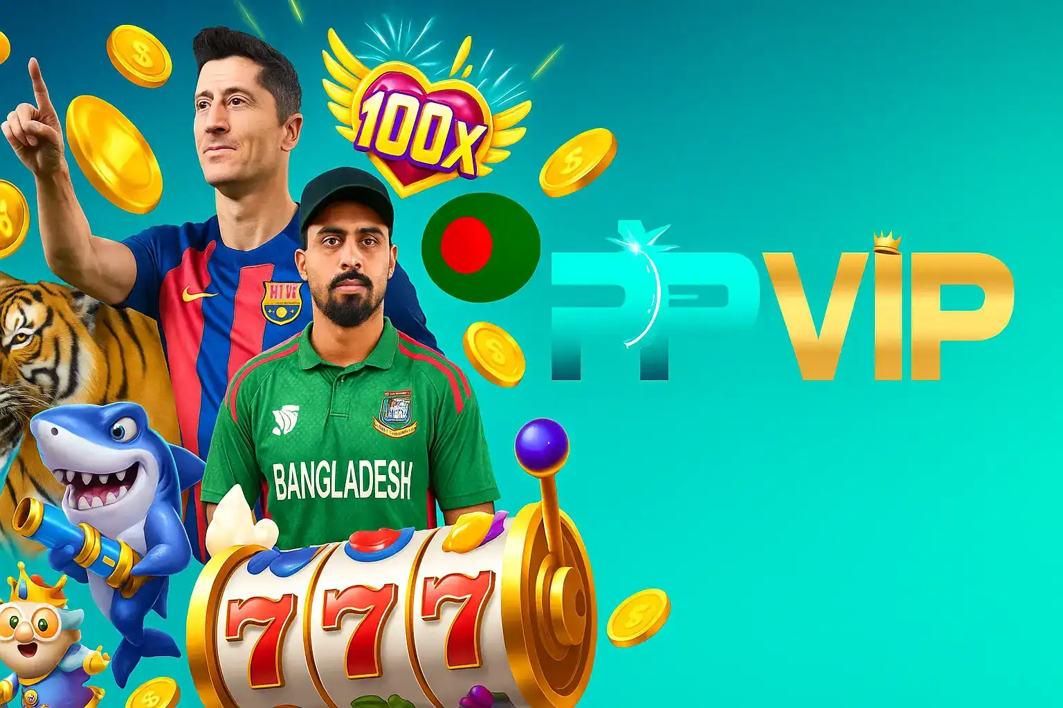 A promotional collage for ppvip targeting the Bangladesh market, featuring a football player, a Bangladesh cricket player, the national flag, and casino elements like a 777 slot machine.