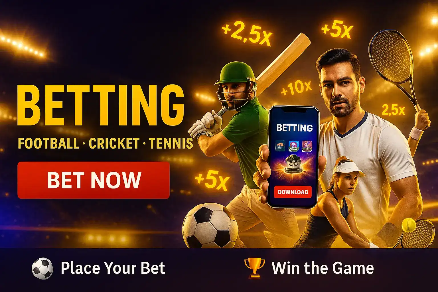 A dynamic promotional banner for sports betting, featuring athletes from football, cricket, and tennis. A man holds a phone showing a betting app, with odds multipliers in the background.