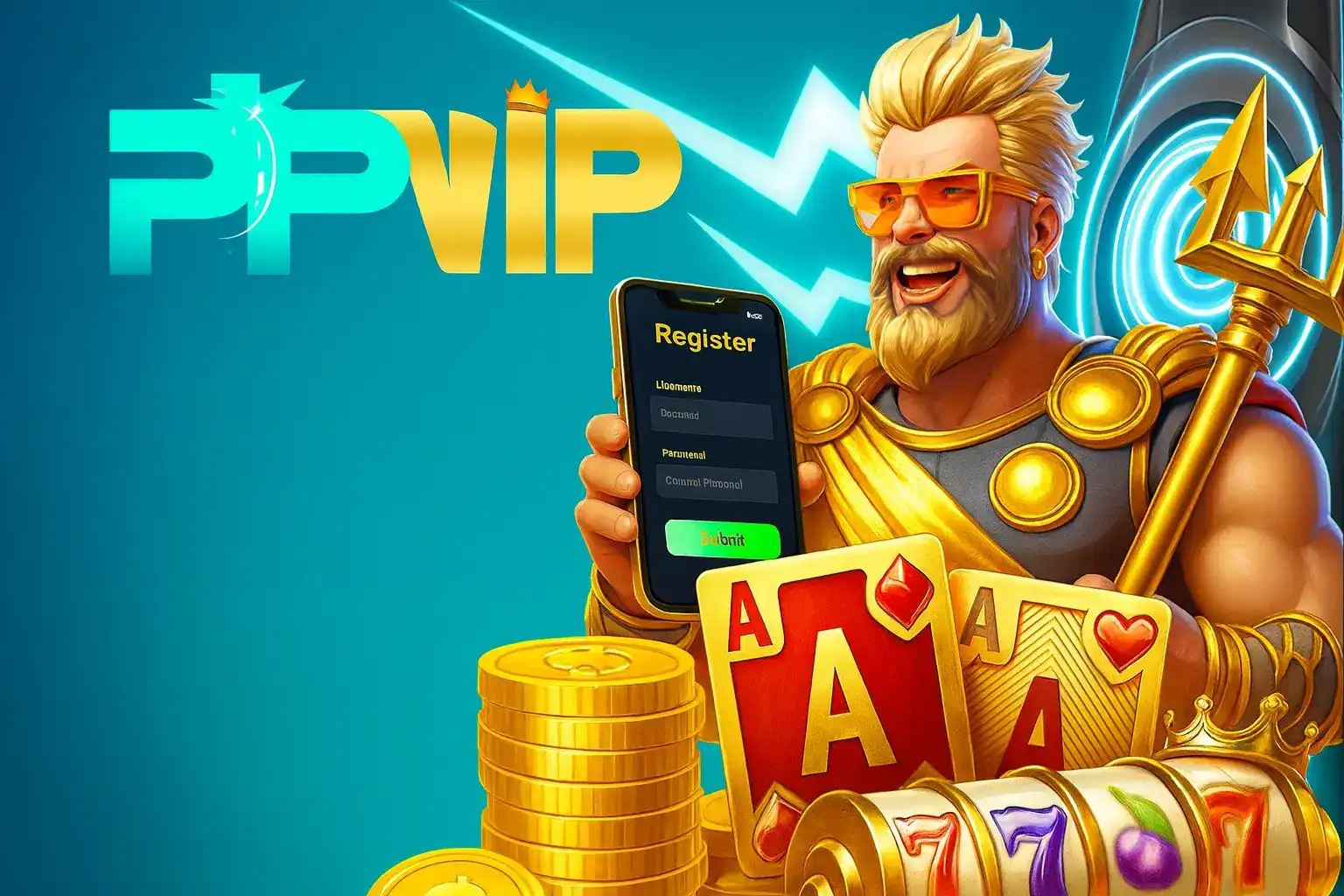 A modern, god-like character with a trident holds a smartphone with the ppvip registration form. The scene includes playing cards, gold coins, and the ppvip logo.