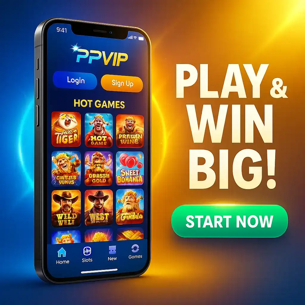 A smartphone displaying the Hot Games lobby of the ppvip mobile app. The promotional text encourages users to Play and Win Big! with a prominent Start Now button.