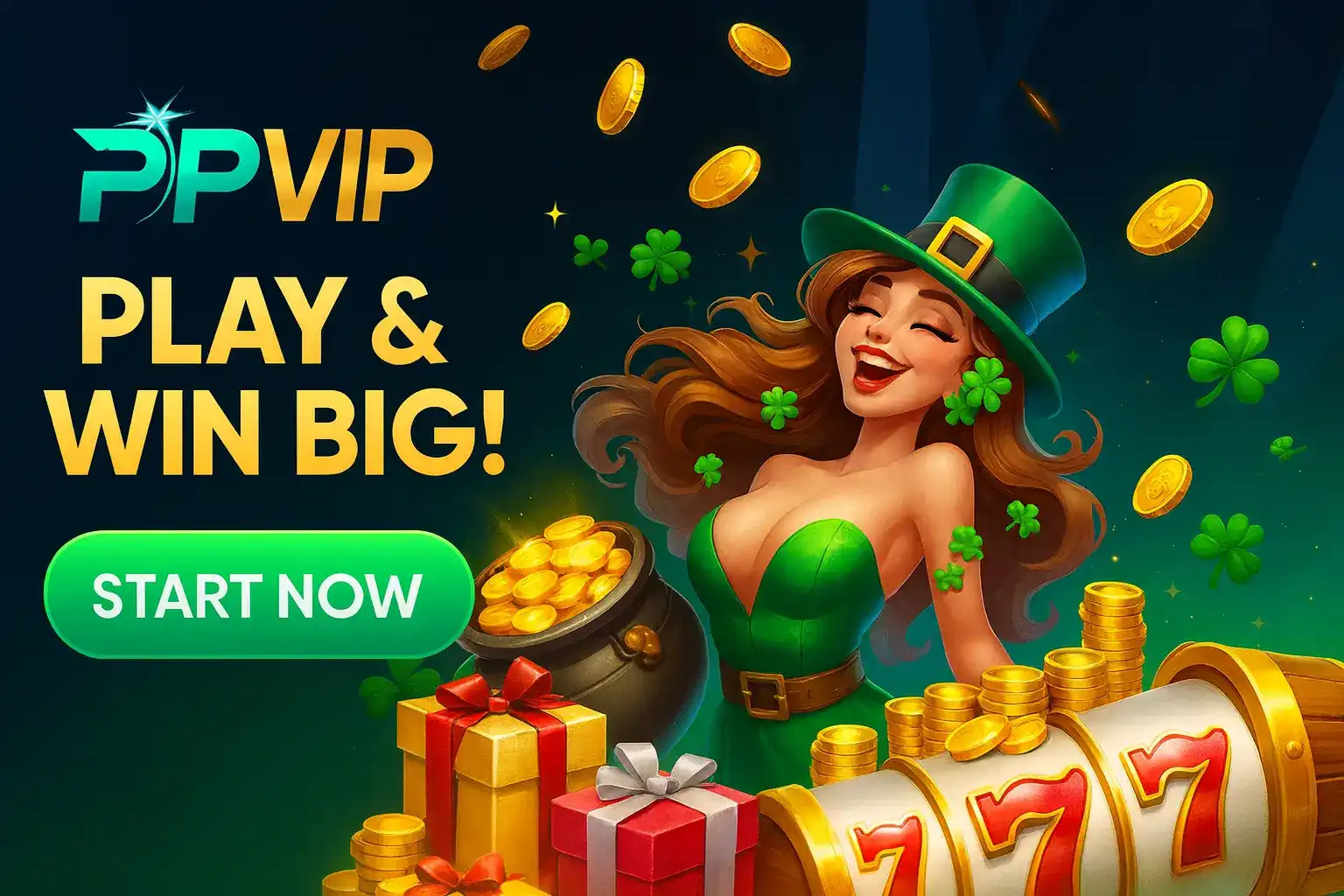 An exciting promotional image for ppvip featuring a smiling woman in a leprechaun hat next to a pot of gold and a slot machine. Text reads Play and Win Big! Start Now.