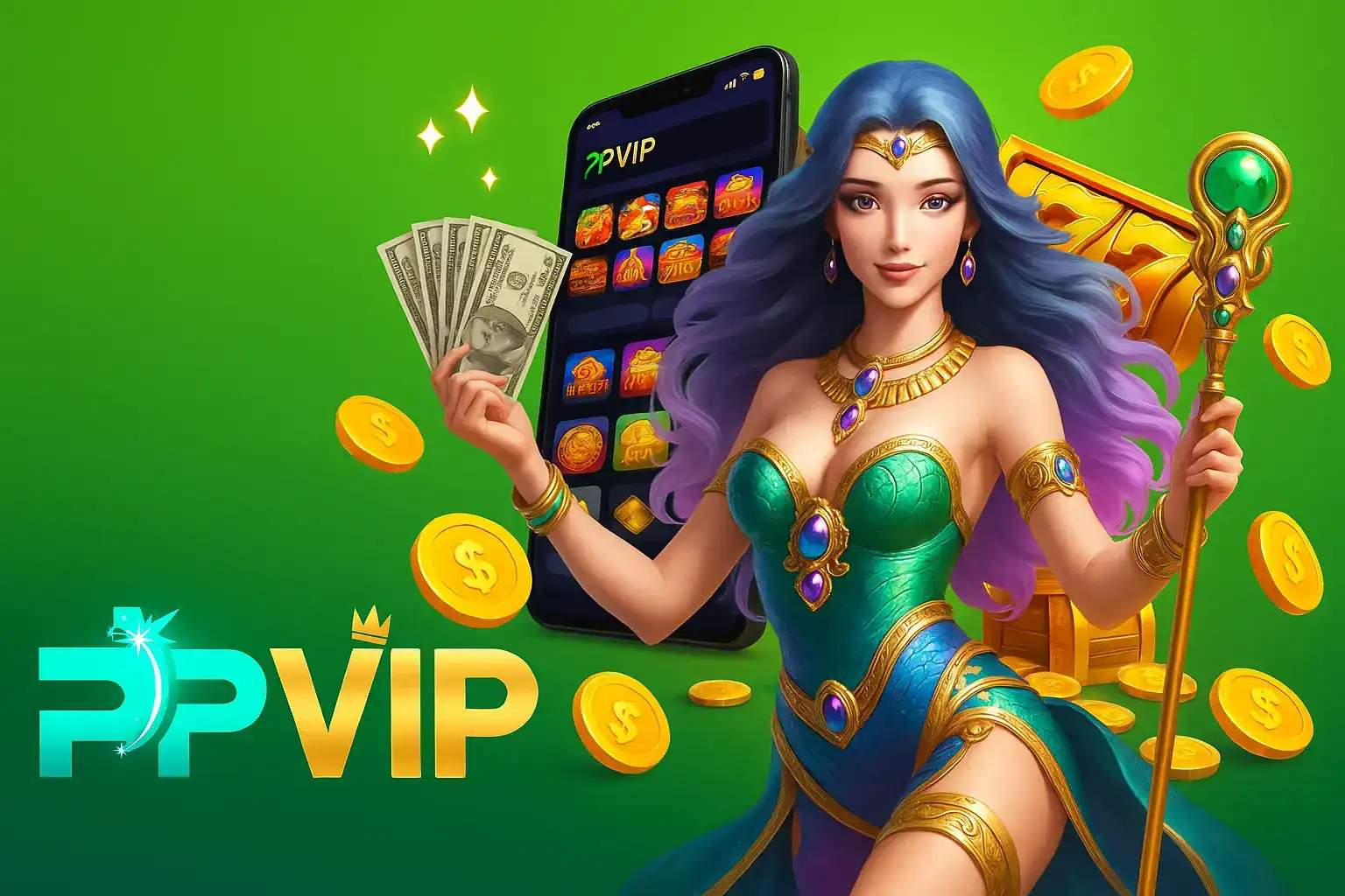 A fantasy-themed ad for ppvip with a magical sorceress holding a fan of cash and a smartphone, with gold coins floating around her against a vibrant green background.