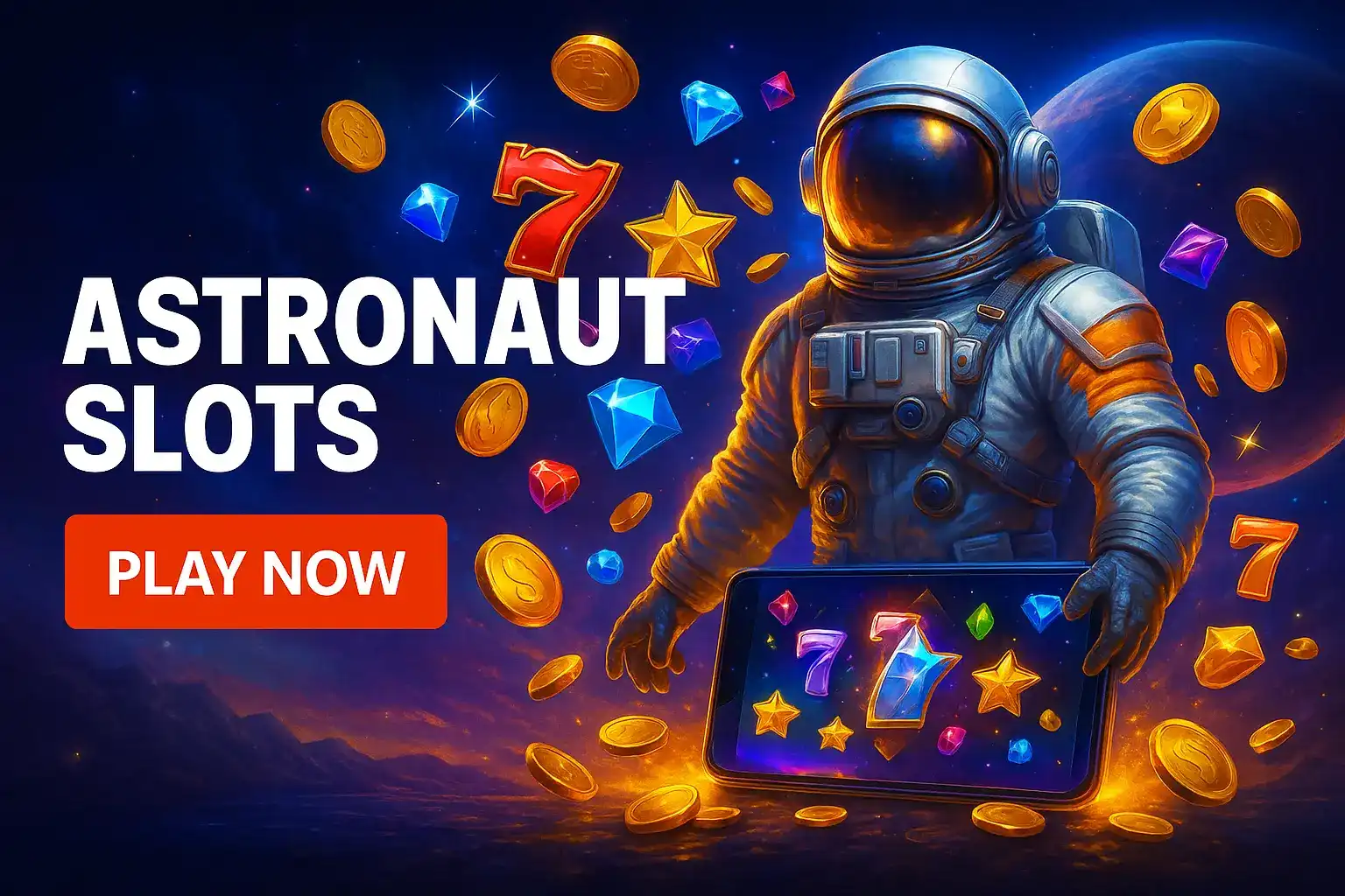 A promotional image for Astronaut Slots, showing an astronaut in deep space holding a tablet with a slot game. The background is filled with planets, stars, and floating casino icons.