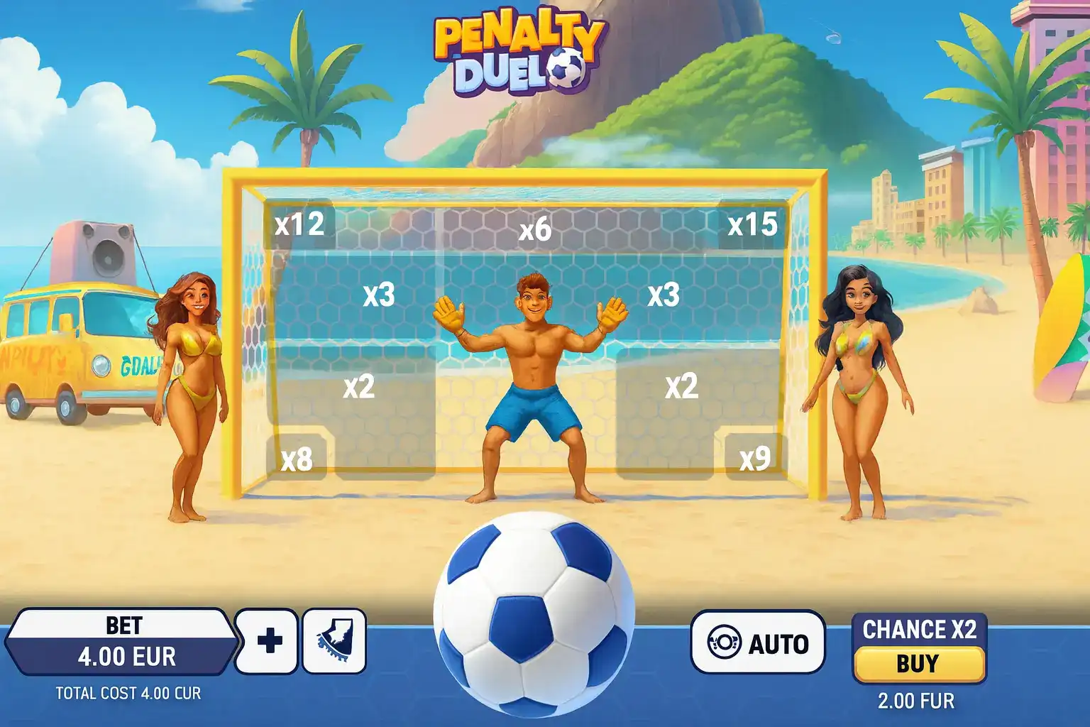Screenshot of the Penalty Duel beach soccer game where a player is about to take a shot against a goalkeeper. The goal net shows various prize multipliers for a winning shot.