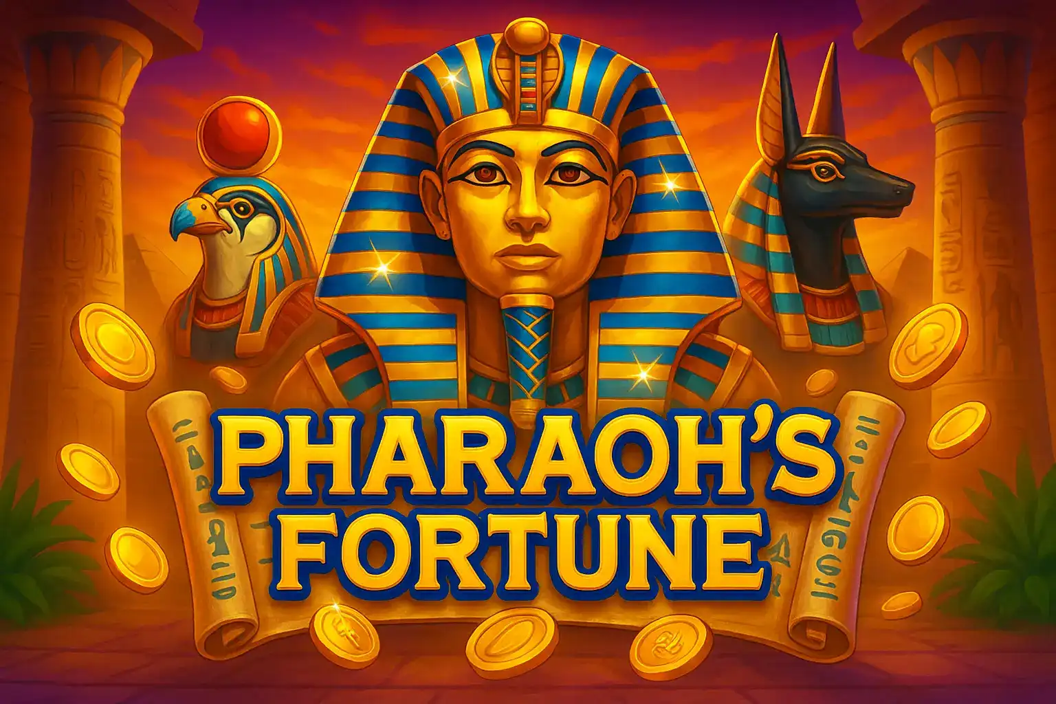 The title screen for the Pharaoh's Fortune slot game, featuring a golden pharaoh mask flanked by the Egyptian gods Horus and Anubis, with gold coins scattered around.