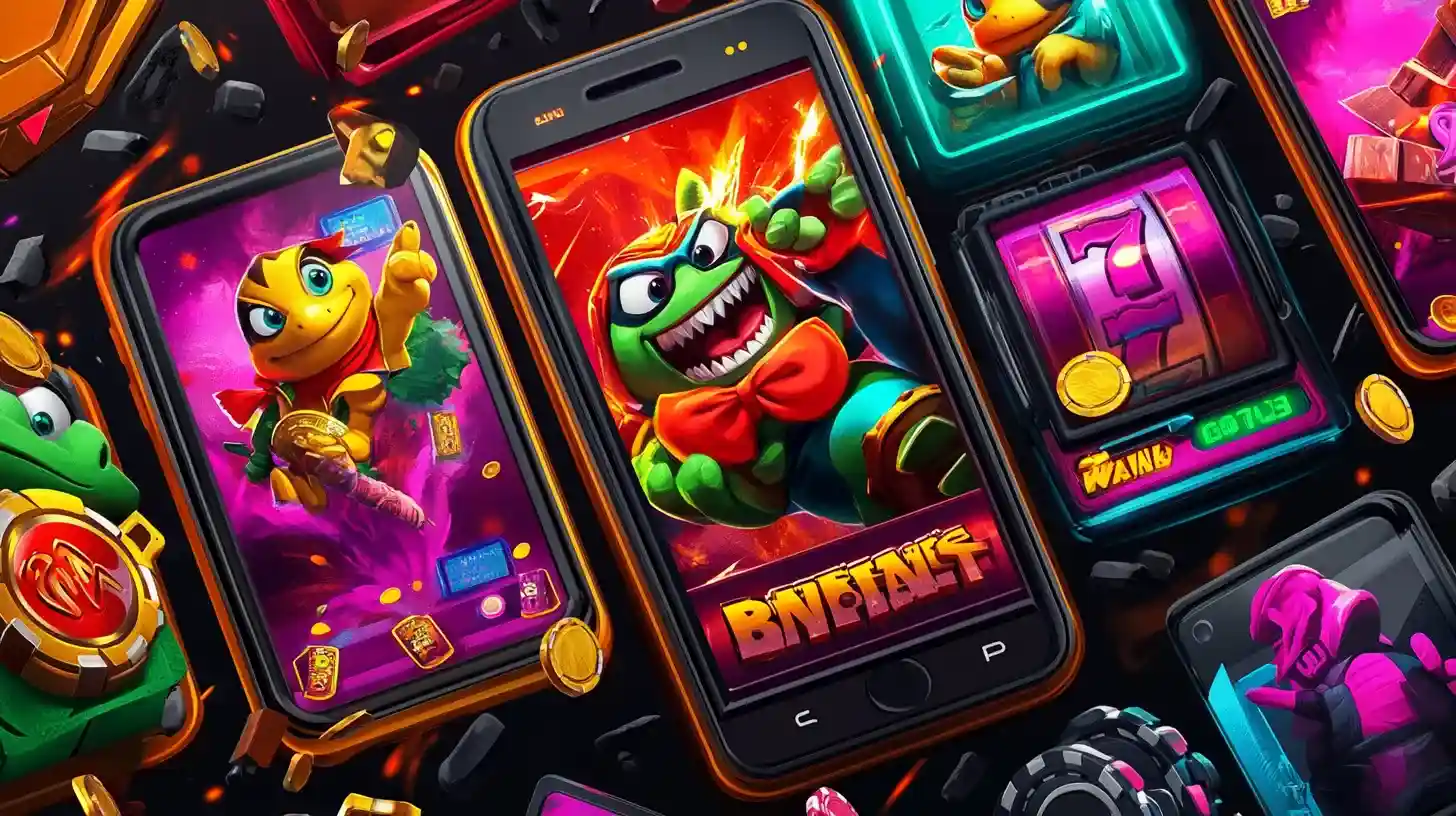 Mobile slot machine jackpot with 777 symbols and flying casino chips