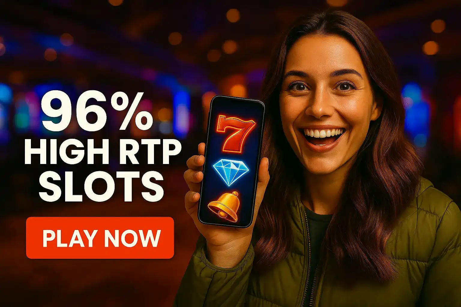 An excited woman shows her smartphone screen displaying a slot game with a lucky 7 and a diamond, advertising 96% High RTP Slots for better chances to win.