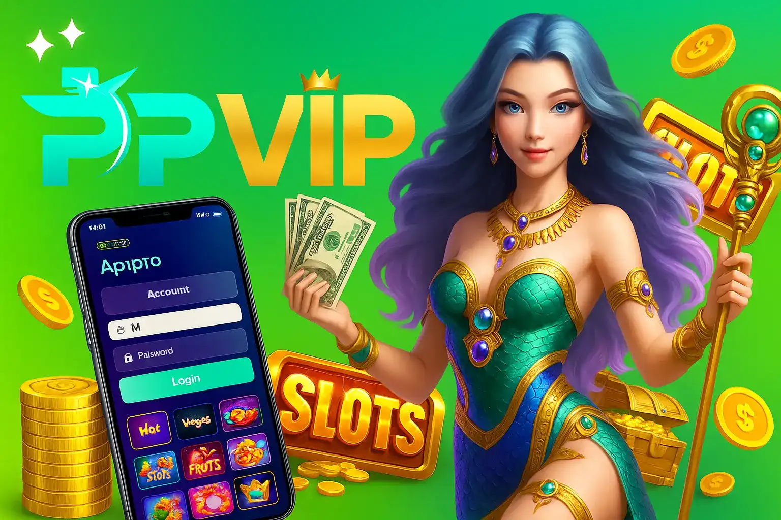 A sorceress with blue hair promotes the ppvip app, holding a fan of cash and a smartphone displaying the game lobby. The image highlights winning potential on ppvip slots.