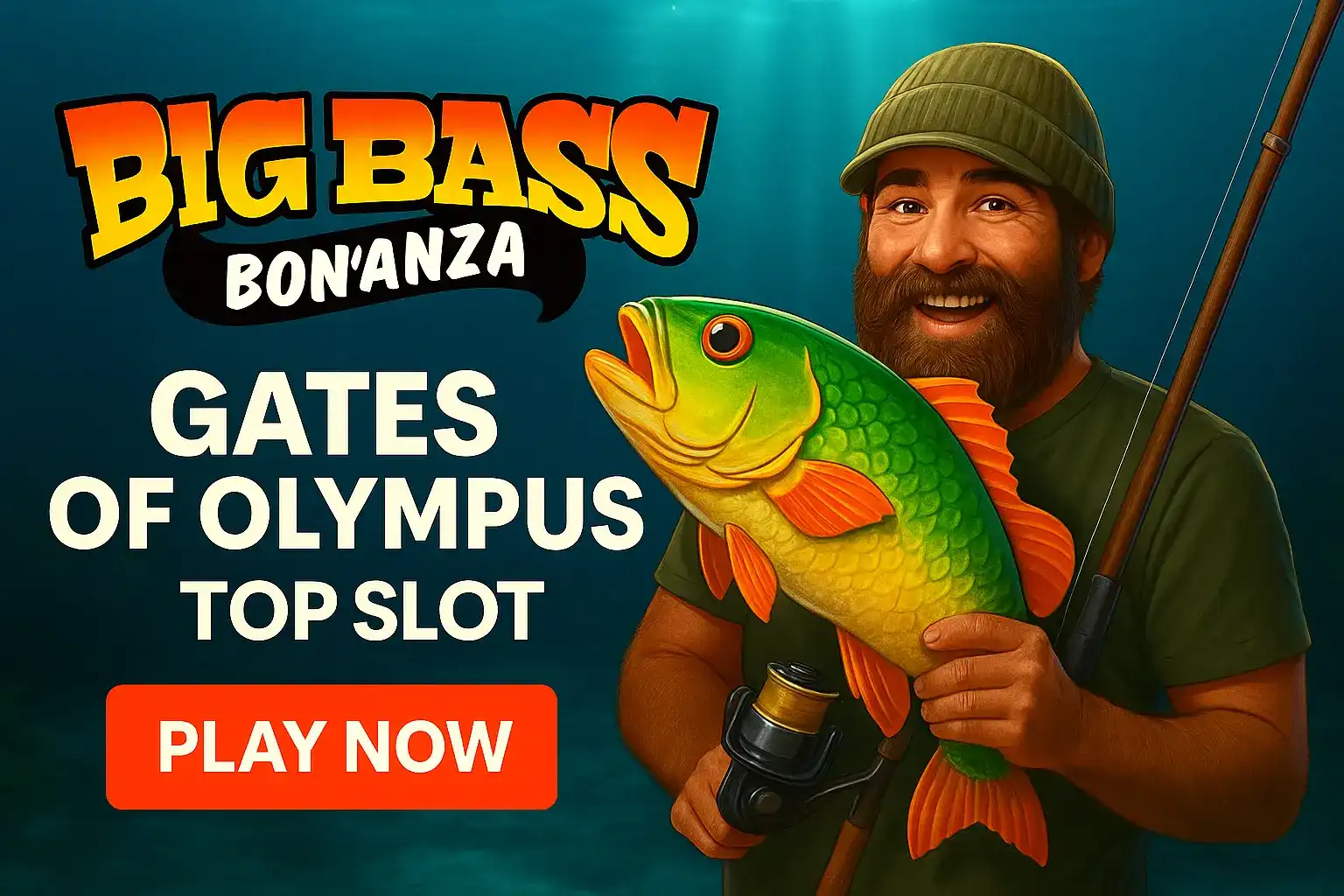 An ad showcasing top slot games like Big Bass Bonanza and Gates of Olympus. A happy fisherman with a large fish invites users to Play Now and try these popular titles.