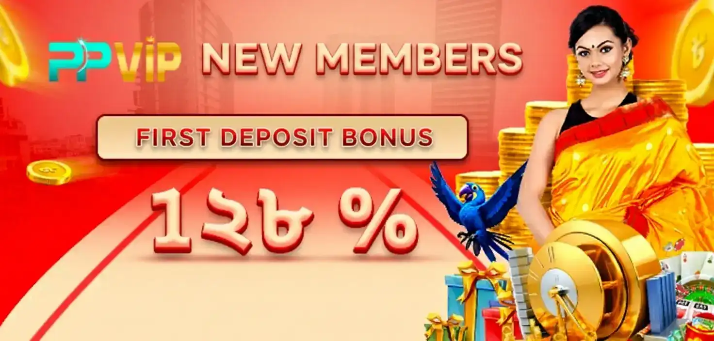 A welcome bonus advertisement for new members at ppvip, offering a 128% match on the first deposit. The image shows a woman in a beautiful sari next to casino graphics.