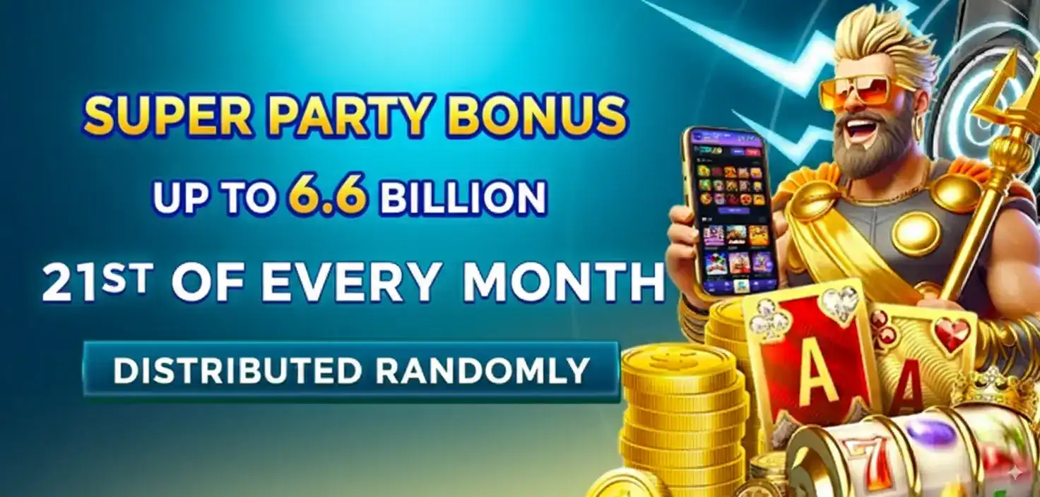 An advertisement for the ppvip Super Party Bonus, where up to 6.6 billion is given away on the 21st of every month. A modern god with a trident showcases the offer.